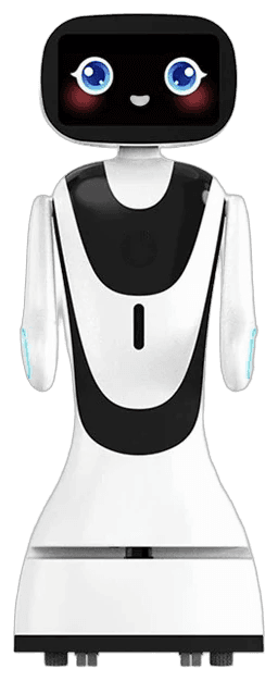 Timo, robotul de recepție, alb cu negru, cu un ecran în loc de față
